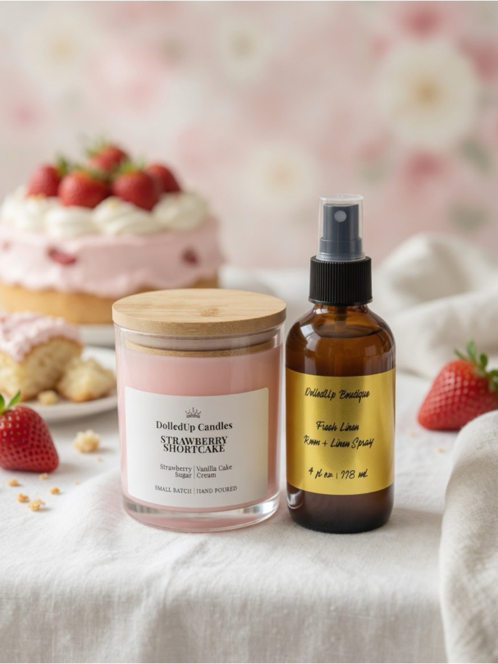 Strawberry Linen Sanctuary Set | Strawberry Shortcake Candle + 4oz Linen Spray